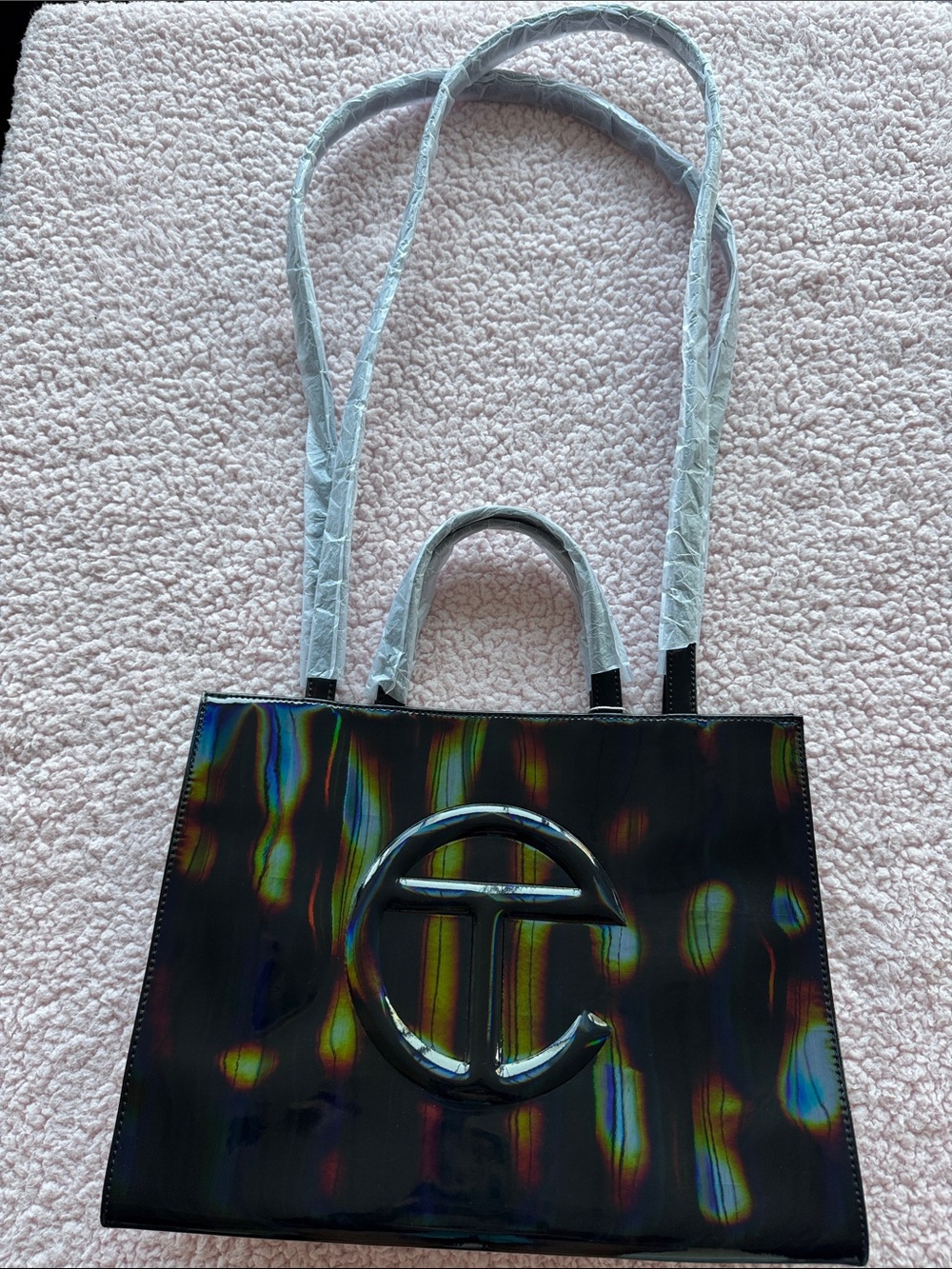 Medium Telfar Iridescent Black Holographic Tote with Top Handles